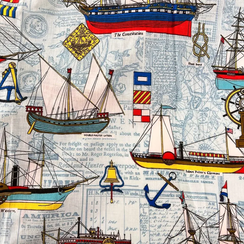 70s Vintage Historical Ship Print Curtains 1970s from House N Home Fabric